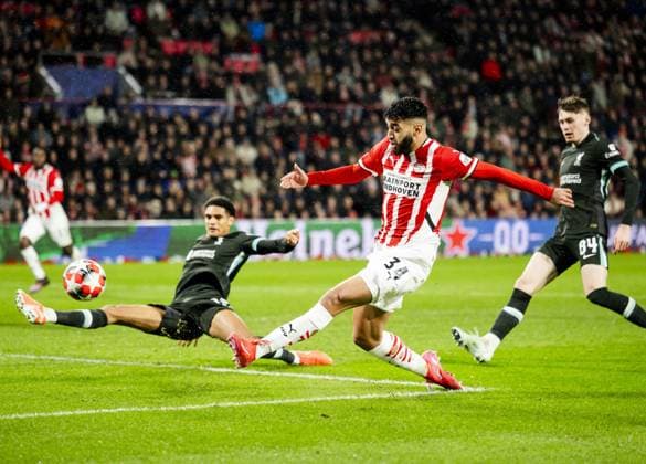 EINDHOVEN - Armando Obispo of PSV Eindhoven scores the 2-2 during the UEFA Champions League match between PSV Eindhoven and Liverpool FC at Phillips Stadium on Jan. 29, 2025 in Eindhoven, Netherlands. ANP KOEN VAN WEEL UEFA Champions League 2024 25 League Phase MD8 2024 25 xVIxANPxSportx xxANPxIVx 518658705 originalFilename: 518658705.jpg