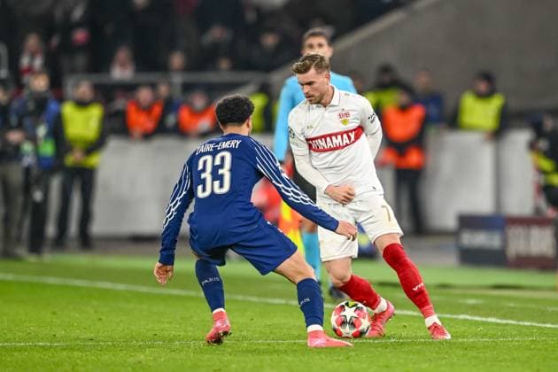 Warren Zaire Emery Paris Saint Germain and Maximilian Mittelstaedt VfB Stuttgart battle for the ball during the UEFA Champions League 2024 25 League Phase MD8 match between VfB Stuttgart and Paris Saint Germain at MHPArena on January 29, 2025 in Stuttgart, Germany Photo by Harry Langer DeFodi Images Defodi 541 VFBPSG20250129 70 Defodi-541