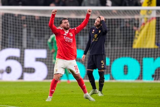 Benfica s Orkun K& xf6;k& xe7;& xfc; celebrates after scoring the 0-2 goal for his team during the Uefa Champions League soccer match between Juventus Fc and Benfica at the Juventus stadium in Turin, round 8 8 - north west Italy - January 29, 2025. - Soccer .  Copyright: xFabioxFerrari LaPressex
