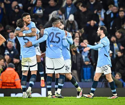 29th January 2025; Etihad Stadium, Manchester, England; UEFA Champions League Football, Manchester City versus Club Brugge; Savinho of Manchester City celebrates with his team after scoring in the 77th minute for 3-1  ActionPlus12745130 GodfreyxPitt