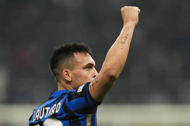 Inter Milan& x2019;s Lautaro Martinez celebrates after scoring the 3-0 goal for his team during the Uefa Champions League 2024 2025 soccer match between Inter and Monaco at San Siro Stadium - Soccer - Milan, Italy - Wednesday January 29, 2025  Copyright: xMassimoxPaolone LaPressex