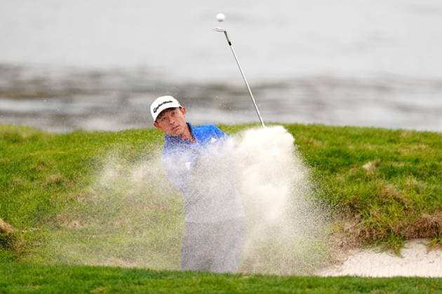 PEBBLE BEACH, CA - JANUARY 29: PGA, Golf Herren golfer Collin Morikawa hits a shot out of a sand trap on the 17th hole during practice for the AT&T Pebble Beach Pro AM on January 29, 2025, at Pebble Beach Golf Links in Pebble Beach, California. (Photo by Brian Spurlock Icon Sportswire) GOLF: JAN 29 PGA AT&T Pebble Beach Pro-Am EDITORIAL USE ONLY Icon25012910