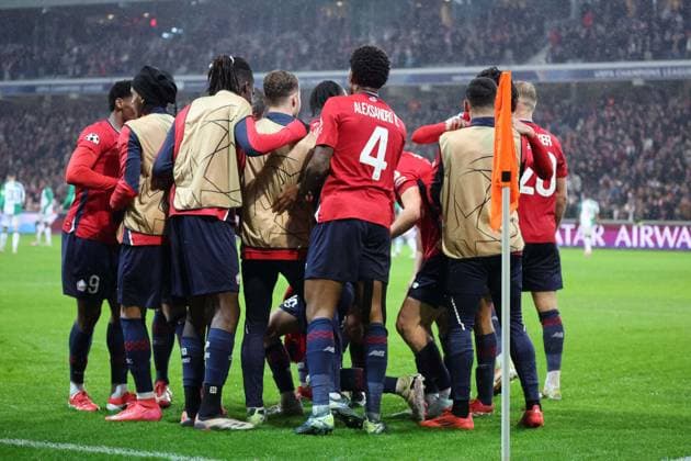 FOOTBALL : LOSC Lille vs Feyenoord - Ligue des Champions - 29 01 2025 Joie des joueurs du LOSC apres un but lors du match LOSC Lille vs Feyenoord, Ligue des Champions, Decathlon Arena stade Pierre Mauroy Villeneuve d Ascq, le 29 janvier 2025 - photo Laurent Sanson PsnewZ  Copyright: xLaurentxSANSONx xPsnewZx