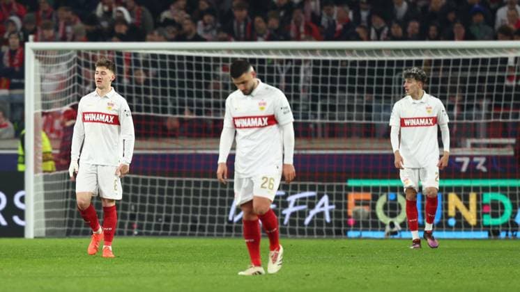 29 01 2025 Stuttgart , Champions League soccer VfB Stuttgart vs Paris St Germain, f l Angelo Stiller VfB Deniz Undav VfB Ameen Al Dakhil VfB , dejected after the defeat In accordance with the regulations of the DFL German Football League, it is prohibited to use or have used photographs taken in the stadium and or of the match in the form of sequential images and or video-like photo series