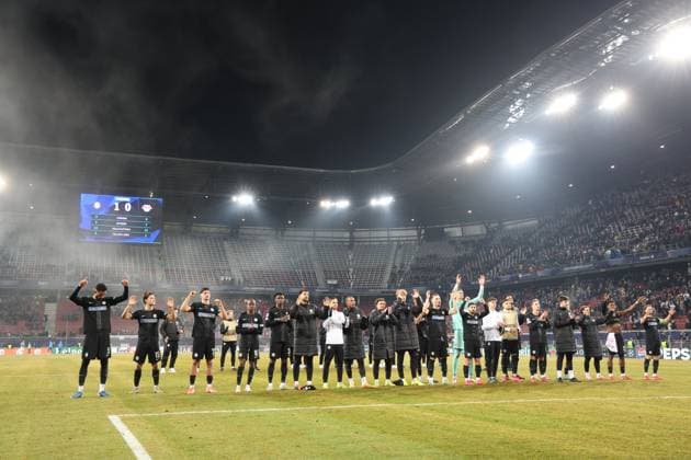 SOCCER - UEFA CL, Sturm vs RB Leipzig KLAGENFURT,AUSTRIA,29.JAN.25 - SOCCER - UEFA Champions League, SK Sturm Graz vs RasenBallsport Leipzig. Image shows the rejoicing of Sturm.  GEPAxpictures xChrisxBauer