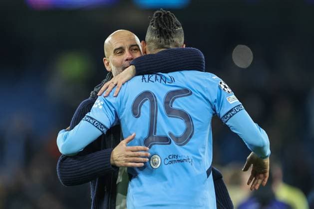 UEFA Champions League Matchday 8 of 8 Manchester City v Club Brugge Pep Guardiola manager of Manchester City embraces Manuel Akanji of Manchester City after the game during the UEFA Champions League Matchday 8 of 8 Manchester City vs Club Brugge at Etihad Stadium, Manchester, United Kingdom, 29th January 2025 (Photo by Mark Cosgrove News Images) Manchester Etihad Stadium Manchester United, ManU Kingdom Copyright: xMarkxCosgrove NewsxImagesx