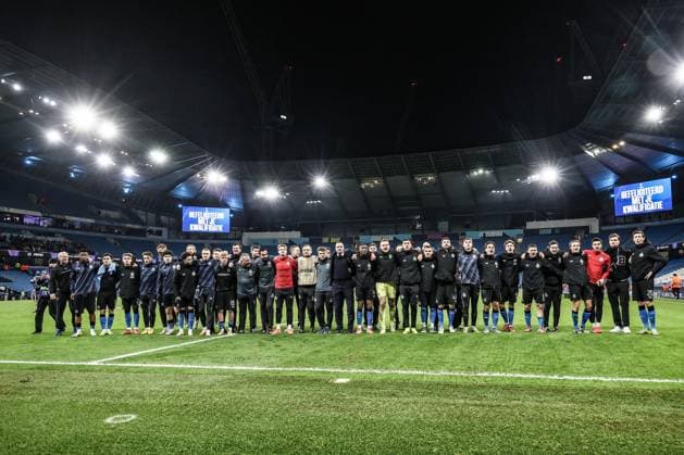 Club s players celebrate after a soccer game between English Manchester City and Belgian Club Brugge KV, Wednesday 29 January 2025 in Manchester, United Kingdom, on the eight day (out of 8) of the UEFA Champions League league phase. BRUNOxFAHY  x111423280x