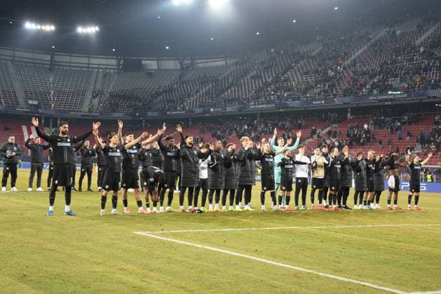 SOCCER - UEFA CL, Sturm vs RB Leipzig KLAGENFURT,AUSTRIA,29.JAN.25 - SOCCER - UEFA Champions League, SK Sturm Graz vs RasenBallsport Leipzig. Image shows the rejoicing of Sturm.  GEPAxpictures xChrisxBauer