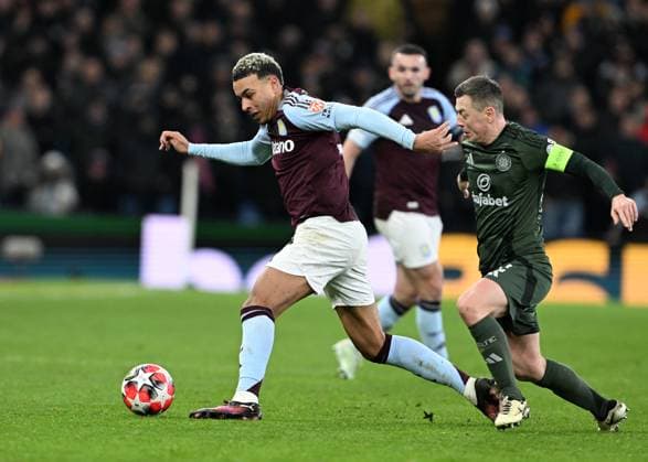 Birmingham, England, 29th January 2025. Aston Villa s Morgan Rogers with Celtic™s Callum McGregor during the UEFA Champions League match at Villa Park, Birmingham. Picture credit should read: Cody Froggatt Sportimage EDITORIAL USE ONLY. No use with unauthorised audio, video, data, fixture lists, club league logos or live services. Online in-match use limited to 120 images, no video emulation. No use in betting, games or single club league player publications. SPI_092_CF_Aston_Villa_Celtic SPI-3641-0092