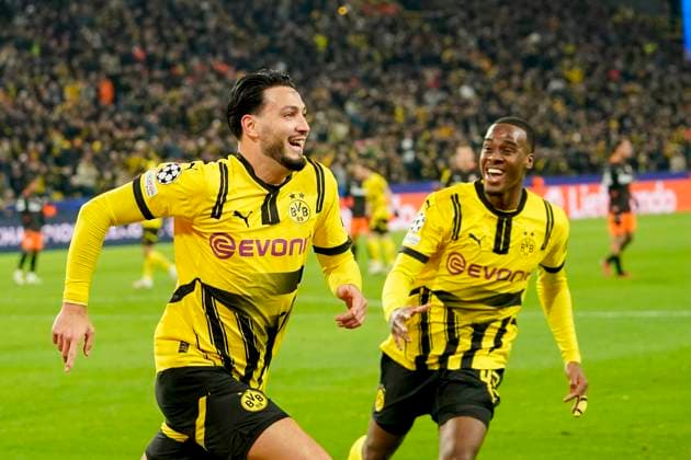 Ramy Bensebaini Borussia Dortmund celebrates after scoring his team s third goal during the UEFA Champions League 2024 25 League Phase MD8 match between Borussia Dortmund and FC Shakhtar Donetsk at Signal Iduna Park on January 29, 2025 in Dortmund, Germany Photo by Alex Gottschalk DeFodi Images Defodi 001 20250129 A9 6447 Defodi-001