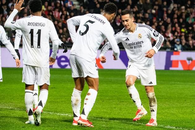 FOOTBALL: BREST vs REAL MADRID Baptiste AUTISSIER MAXPPP - Guingamp 29 01 2025 Baptiste AUTISSIER Maxppp Guingamp ; 29 01 2025 ; Joie des joueurs du Real Madrid apres le but de Jude Bellingham lors du match Brest vs Real Madrid comptant pour la 8e journee de la Ligue des Champions a Guingamp le 29 janvier 2025. Guingamp Guingamp Bretagne France  Copyright: xMAXPPPxBaptistexAUTISSIERx BAU202501290183 BAU202501290183