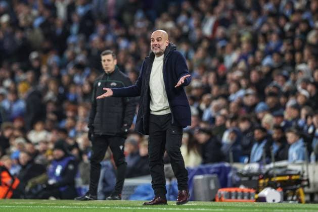 UEFA Champions League Matchday 8 of 8 Manchester City v Club Brugge Pep Guardiola manager of Manchester City reacts during the UEFA Champions League Matchday 8 of 8 Manchester City vs Club Brugge at Etihad Stadium, Manchester, United Kingdom, 29th January 2025 (Photo by Mark Cosgrove News Images) Manchester Etihad Stadium Manchester United, ManU Kingdom Copyright: xMarkxCosgrove NewsxImagesx