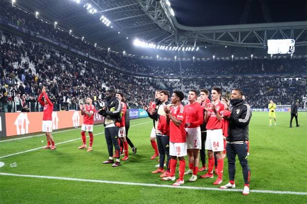 Players of SL Benfica celebrate after winning, UEFA Champions League 2024 25 League Phase MD1, Juventus Turin v SL Benfica, Allianz Stadium, January 29, 2025, Turin, Italy.