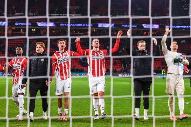 2025-01-29 PSV Eindhoven v Liverpool FC - UEFA Champions League 2024 25 League Phase MD8 EINDHOVEN, NETHERLANDS - JANUARY 29: Tygo Land of PSV, Luuk de Jong of PSV celebrates his sides win during the UEFA Champions League 2024 25 League Phase MD8 match between PSV Eindhoven and Liverpool FC at PSV Stadion on January 29, 2025 in Eindhoven, Netherlands. Eindhoven PSV Stadion Netherlands Content not available for redistribution in The Netherlands directly or indirectly through any third parties. Copyright: xBroerxvanxdenxBoomx
