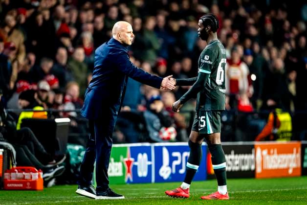 Liverpool FC trainer Arne Slot, Liverpool FC defender Amaro Nallo during the match PSV Liverpool at the Philips stadium for the Champions League League phase Matchday 8 season 2024 2025 in EINDHOVEN, Netherlands on 29 january 2025, photo by Marcel van Dorst EYE4images DeFodi Images Defodi 746 211727 Defodi-746