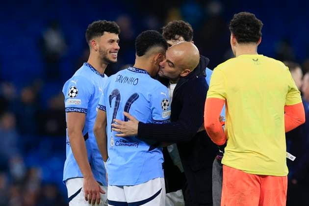 Manchester City v Club Brugge Champions League 29 01 2025. Pep Guardiola the Manchester City manager embraces Savinho (26) of Manchester City after the 3-1 victory at the end of the Champions League match between Manchester City and Club Brugge at the Etihad Stadium, Manchester, England on 29 January 2025. Manchester Etihad Stadium Manchester England Editorial use only , Copyright: xConorxMolloyx PSI-21352-0075