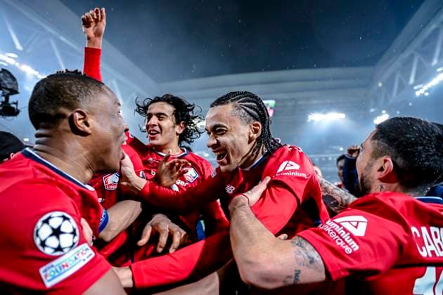 LOSC Lille defender Bafode Diakite, LOSC Lille midfielder Ayyoub Bouaddi, LOSC Lille midfielder Ethan Mbappe, LOSC Lille midfielder Remy Cabella, during the match Lille Feyenoord at the Stade Pierre Mauroy for the UEFA Champions League phase Matchday 8 season 2024 2025 in LILLE, France on 29 januari 2025, photo by Stefan Koops EYE4images DeFodi Images Defodi 746 211736 Defodi-746