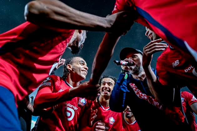 LOSC Lille midfielder Ethan Mbappe, LOSC Lille defender Bafode Diakite LOSC Lille midfielder Remy Cabella, LOSC Lille midfielder Ayyoub Bouaddi celebrating the win, during the match Lille Feyenoord at the Stade Pierre Mauroy for the UEFA Champions League phase Matchday 8 season 2024 2025 in LILLE, France on 29 januari 2025, photo by Stefan Koops EYE4images DeFodi Images Defodi 746 211744 Defodi-746