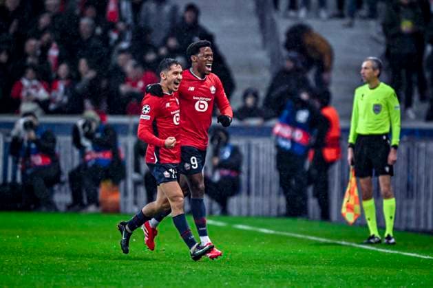 LOSC Lille midfielder Osame Sahraoui and LOSC Lille forwarder Jonathan David celebrating the goal 6 1, during the match Lille Feyenoord at the Stade Pierre Mauroy for the UEFA Champions League phase Matchday 8 season 2024 2025 in LILLE, France on 29 januari 2025, photo by Stefan Koops EYE4images DeFodi Images Defodi 746 211749 Defodi-746