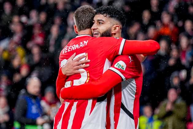 EINDHOVEN, NETHERLANDS - JANUARY 29: Ismael Saibari of PSV celebrates after scoring his team s second goal during the UEFA Champions League 2024 25 League Phase MD8 match between PSV Eindhoven and Liverpool FC at PSV Stadion on January 29, 2025 in Eindhoven, Netherlands. (Photo by Rene Nijhuis) SOC  Copyright: xRenexNijhuis
