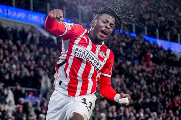 EINDHOVEN, NETHERLANDS - JANUARY 29: Johan Bakayoko of PSV celebrates after scoring his team s first goal during the UEFA Champions League 2024 25 League Phase MD8 match between PSV Eindhoven and Liverpool FC at PSV Stadion on January 29, 2025 in Eindhoven, Netherlands. (Photo by Rene Nijhuis) SOC  Copyright: xRenexNijhuis