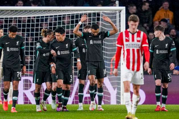 EINDHOVEN, NETHERLANDS - JANUARY 29: Cody Gakpo of Liverpool celebrates with his team mates after scoring his team s first goal during the UEFA Champions League 2024 25 League Phase MD8 match between PSV Eindhoven and Liverpool FC at PSV Stadion on January 29, 2025 in Eindhoven, Netherlands. (Photo by Rene Nijhuis) SOC  Copyright: xRenexNijhuis
