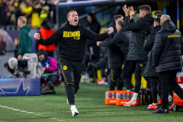 29 01 2025, Borussia Dortmund Shakhtar Donetsk, UEFA Champions League, Matchday 8 Dortmund coach Mike Tullberg celebrates after scoring the 2-0 goal IMPORTANT NOTE In accordance with UEFA regulations, it is prohibited to use or have used photographs taken in the stadium and or of the match in the form of sequential images and or video-like photo series Copyright: xDavidxInderliedx