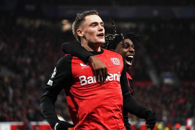 Football, UEFA Champions League 2024 2025, Bayer 04 Leverkusen Sparda Prague 29 01 2025 Bayarena Leverkusen, Florian Wirtz, Jeremie Frimpong both Bayer 04 Leverkusen, Goal celebration
