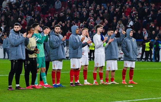 Jamie Leweling VfB Stuttgart , Chris Fuehrich VfB Stuttgart , Atakan Karazor VfB Stuttgart , Deniz Undav VfB Stuttgart and Angelo Stiller VfB Stuttgart are disappointed after the UEFA Champions League 2024 25 League Phase MD8 match between VfB Stuttgart and Paris Saint Germain at MHPArena on January 29, 2025 in Stuttgart, Germany Photo by Silas Schueller DeFodi Images Defodi 738 738 VFBPSG 20250129 259 Defodi-738