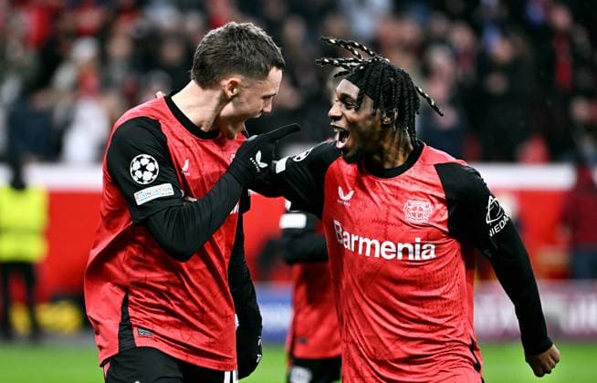 Football, Champions League, Germany, Men, Season 2024 2025, Matchday 8, BayArena Leverkusen Bayer Leverkusen Sparta Prague 2 0 Celebration Florian Wirtz LEV after his goal for 1 0, together with Jeremie Frimpong LEV Cheering, joy, action