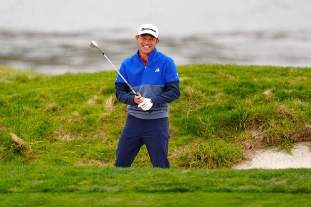 PEBBLE BEACH, CA - JANUARY 29: PGA, Golf Herren golfer Collin Morikawa smiles as he plays a shot out of a sand trap on the 17th hole during practice for the AT&T Pebble Beach Pro AM on January 29, 2025, at Pebble Beach Golf Links in Pebble Beach, California. (Photo by Brian Spurlock Icon Sportswire) GOLF: JAN 29 PGA AT&T Pebble Beach Pro-Am EDITORIAL USE ONLY Icon25012936