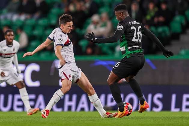 Nikola Moro (Bologna) Ousmane Diomande (Sporting CP Lisboa) during the Uefa Champions League match between Sporting CP Lisboa 1-1 Bologna FC at Estdio Jos Alvalade on January 29, 2025 in Lisboa, Italy. Noxthirdxpartyxsales  (280021554)