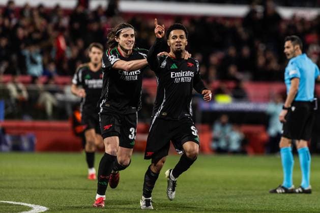 January 29, 2025, Girona, Barcelona, Spain: Nwaneri of Arsenal FC celebrating his goal with Calafiori on the match of matchday 8 to UEFA Champions League between Girona F.C and Arsenal F.C at Estadi Montilivi. Finals score; Girona F.C 1:2 Arsenal FC Girona Spain - ZUMAs316 20250129_znp_s316_057 Copyright: xMartixSeguraxRamonedax