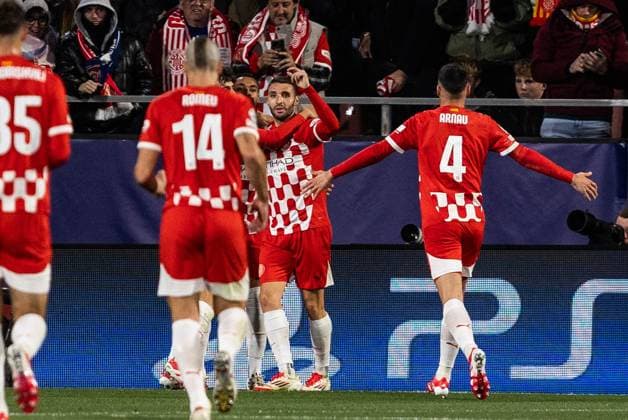 January 29, 2025, Girona, Barcelona, Spain: Arnaut Danjuma celebrating his goal with teammates during the match of matchday 2 to UEFA Champions League between Girona F.C and Arsenal F.C at Estadi Montilivi. Finals score; Girona F.C 1:2 Arsenal FC Girona Spain - ZUMAs316 20250129_znp_s316_059 Copyright: xMartixSeguraxRamonedax