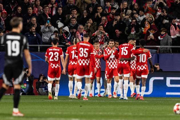 January 29, 2025, Girona, Barcelona, Spain: Arnaut Danjuma celebrating his goal with teammates during the match of matchday 2 to UEFA Champions League between Girona F.C and Arsenal F.C at Estadi Montilivi. Finals score; Girona F.C 1:2 Arsenal FC Girona Spain - ZUMAs316 20250129_znp_s316_074 Copyright: xMartixSeguraxRamonedax