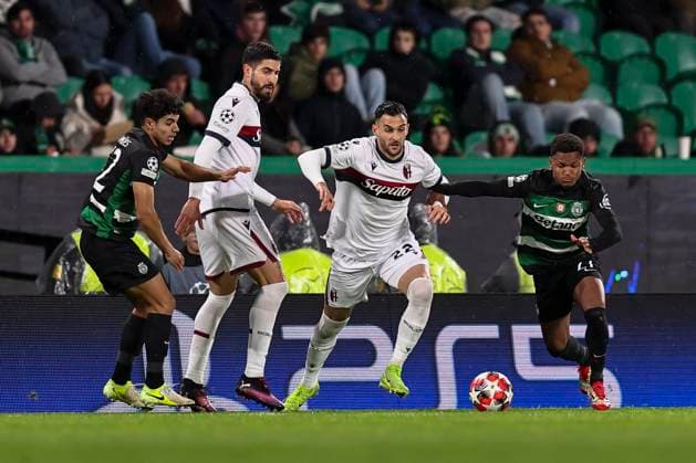 Charalampos Lykogiannis (Bologna) Geny Catamo (Sporting CP Lisboa) Martin Erlic (Bologna) Joao Simoes (Sporting CP Lisboa) during the Uefa Champions League match between Sporting CP Lisboa 1-1 Bologna FC at Estdio Jos Alvalade on January 29, 2025 in Lisboa, Italy. Noxthirdxpartyxsales  (280021482)