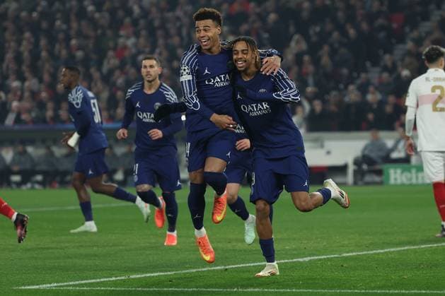 Stuttgart 29 January 2025 Uefa Champions League phase 2024 25 Matchday 8, VFB Stuttgart Paris Saint Germain v l , DÃ sirÃ DouÃ Paris Saint Germain , Bradley Barcola Paris Saint Germain , Torjubel, Goal celebration, celebrate the goal Copyright: JoaquimxFerreira