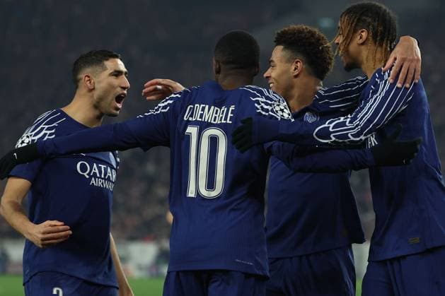 Stuttgart 29 January 2025 Uefa Champions League phase 2024 25 Matchday 8, VFB Stuttgart Paris Saint Germain v l , Achraf Hakimi Paris Saint Germain , Ousmane Dembele Paris Saint Germain , DÃ sirÃ DouÃ Paris Saint Germain , Bradley Barcola Paris Saint Germain , Torjubel, Goal celebration, celebrate the goal Copyright: JoaquimxFerreira