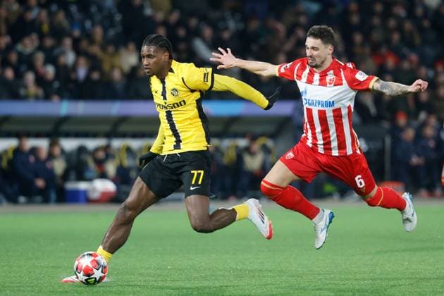 Young Boys Belgrade Joel Monteiro vs Rade Krunic 29 01 2025 Stadion St Jakob Park Basel , SWITZERLAND, Soccer Men Season 2024 2025 UEFA Champions League BSC Young Boys Bern Red Star Belgrade Joel Monteiro left,YB vs Rade Krunic Belgrade