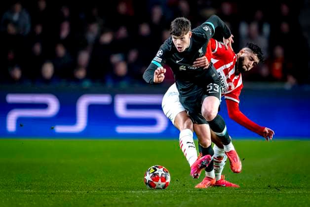 Liverpool FC midfielder James McConnell, PSV Eindhoven midfielder Ismael saibari during the match PSV Liverpool at the Philips stadium for the Champions League League phase Matchday 8 season 2024 2025 in EINDHOVEN, Netherlands on 29 january 2025, photo by Marcel van Dorst EYE4images DeFodi Images Defodi 746 211858 Defodi-746