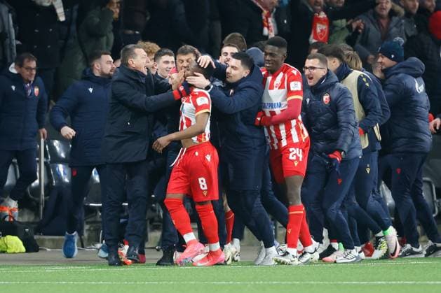 Young Boys Belgrade cheering for goalkeeper Guelor Kanga Belgrade 29 01 2025 Stadion St Jakob Park Basel , SWITZERLAND, Soccer Men Season 2024 2025 UEFA Champions League BSC Young Boys Bern Red Star Belgrade cheering for goalkeeper Guelor Kanga Nr 8 Belgrade Nasser Djiga Nr 24