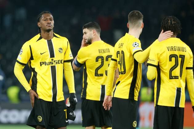Young Boys Belgrade Joel Monteiro YB disappointed 29 01 2025 Stadion St Jakob Park Basel , SWITZERLAND, Soccer Men Season 2024 2025 UEFA Champions League BSC Young Boys Bern Red Star Belgrade Joel Monteiro, Loris Benito, Sandro Lauper and Alan Virginius YB