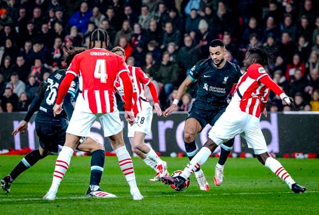 Liverpool FC forwarder Cody Gakpo, PSV Eindhoven forwarder Johan Bakayoko during the match PSV Liverpool at the Philips stadium for the Champions League phase Matchday 8 season 2024 2025 in EINDHOVEN, Netherlands on 29 january 2025, photo by Marcel van Dorst EYE4images DeFodi Images Defodi 746 211901 Defodi-746