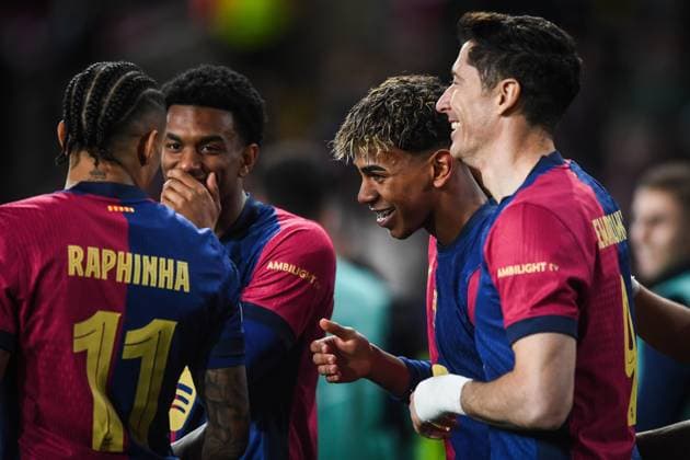 January 29, 2025, Barcelona, Spain, Spain: Lamine YAMAL of Barcelona celebrate his goal with Alejandro BALDE of Barcelona, Raphael DIAS BELLOLI (Raphinha) of Barcelona and Robert LEWANDOWSKI of Barcelona during the UEFA Champions League, League Phase MD8 match between FC Barcelona, Barca and Atalanta BC at Estadi Olimpic Lluis Companys on January 29, 2025 in Barcelona, Spain. Barcelona Spain - ZUMAm308 20250129_zsp_m308_002 Copyright: xMatthieuxMirvillex