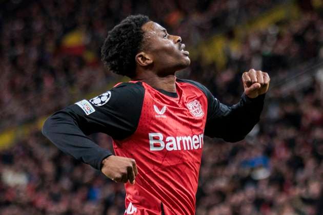 UEFA Champions League, Bayer Leverkusen Sparta Prague, 29 01 2025 Nathan Tella Bayer 04 Leverkusen, 19 celebrates after his goal to lead 2 0 UEFA Champions League, Bayer Leverkusen Sparta Prague, Matchday 8, on 29 01 2025, BayArena, Leverkusen UEFA regulations prohibit any use of photographs as image sequences and or quasi video Copyright: xBEAUTIFULxSPORTS Meuselx