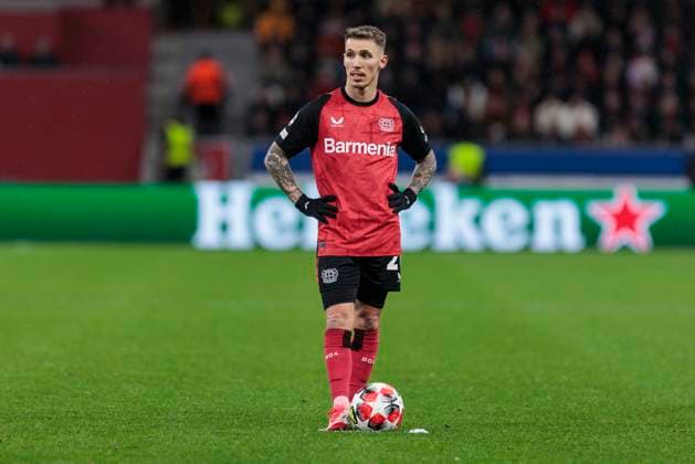 UEFA Champions League, Bayer Leverkusen Sparta Prague, 29 01 2025 Alejandro Grimaldo Bayer 04 Leverkusen, 20 at free kick UEFA Champions League, Bayer Leverkusen Sparta Prague, Matchday 8, on 29 01 2025, BayArena, Leverkusen UEFA regulations prohibit any use of photographs as image sequences and or quasi video Copyright: xBEAUTIFULxSPORTS Meuselx