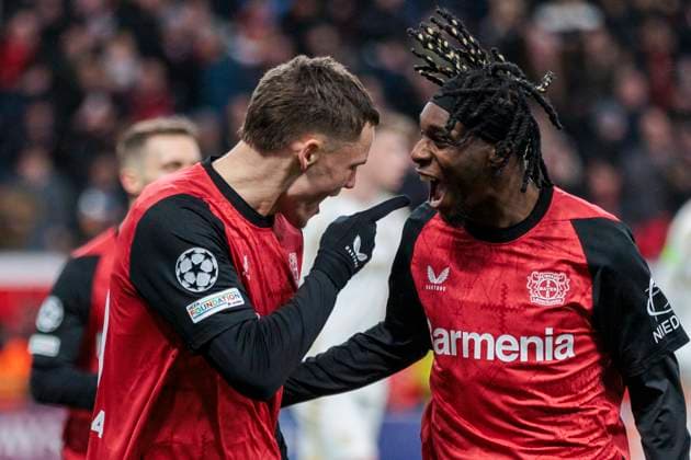 UEFA Champions League, Bayer Leverkusen Sparta Prague, 29 01 2025 Florian Wirtz Bayer 04 Leverkusen, 10 and Jeremie Frimpong Bayer 04 Leverkusen, 30 cheer after scoring to take a 1-0 lead UEFA Champions League, Bayer Leverkusen Sparta Prague, Matchday 8, on 29 01 2025, BayArena, Leverkusen UEFA regulations prohibit any use of photographs as image sequences and or quasi video Copyright: xBEAUTIFULxSPORTS Meuselx