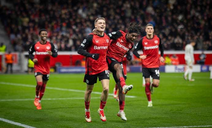 Leverkusen, Germany 29th Jan 2025 Goal celebration Florian Wirtz LEV Jeremie Frimpong LEV Bayer Leverkusen Sparta Prague 29 01 2025