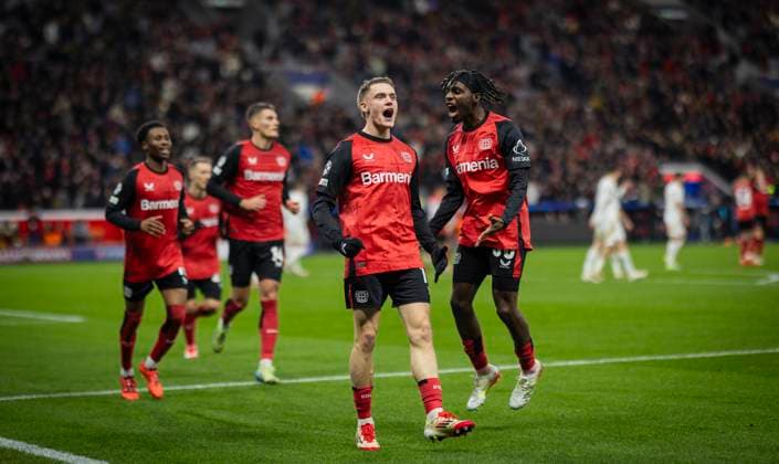 Leverkusen, Germany 29th Jan 2025 Goal celebration Florian Wirtz LEV Jeremie Frimpong LEV Bayer Leverkusen Sparta Prague 29 01 2025