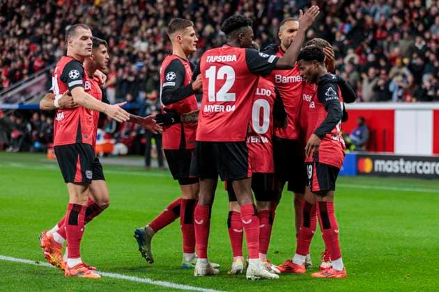 UEFA Champions League, Bayer Leverkusen Sparta Prague, 29 01 2025 Nathan Tella Bayer 04 Leverkusen, 19 is cheered by his teammates after scoring to take a 2-0 lead UEFA Champions League, Bayer Leverkusen Sparta Prague, Matchday 8, on 29 01 2025, BayArena, Leverkusen UEFA regulations prohibit any use of photographs as image sequences and or quasi video Copyright: xBEAUTIFULxSPORTS Meuselx